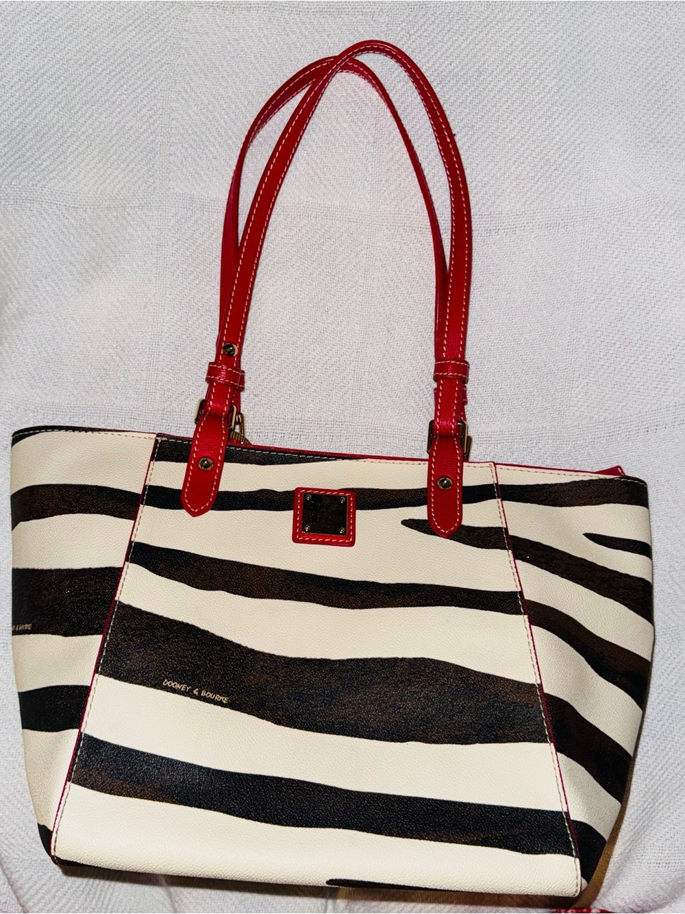 Dooney & Bourke Black and Cream Zebra-Striped Shoulder Tote with Red Handles